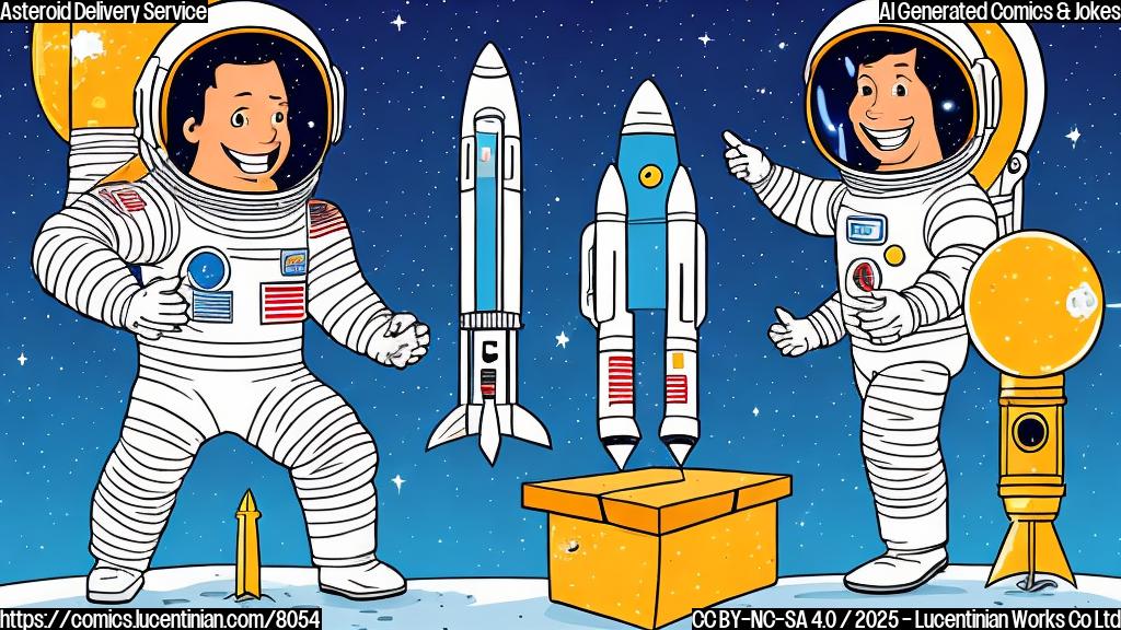 Cartoon style image of a cheerful astronaut in a spacesuit, standing next to a rocket. The astronaut is holding a small box labeled "Asteroid Samples - Guaranteed Fresh". The background is a plain light blue color.