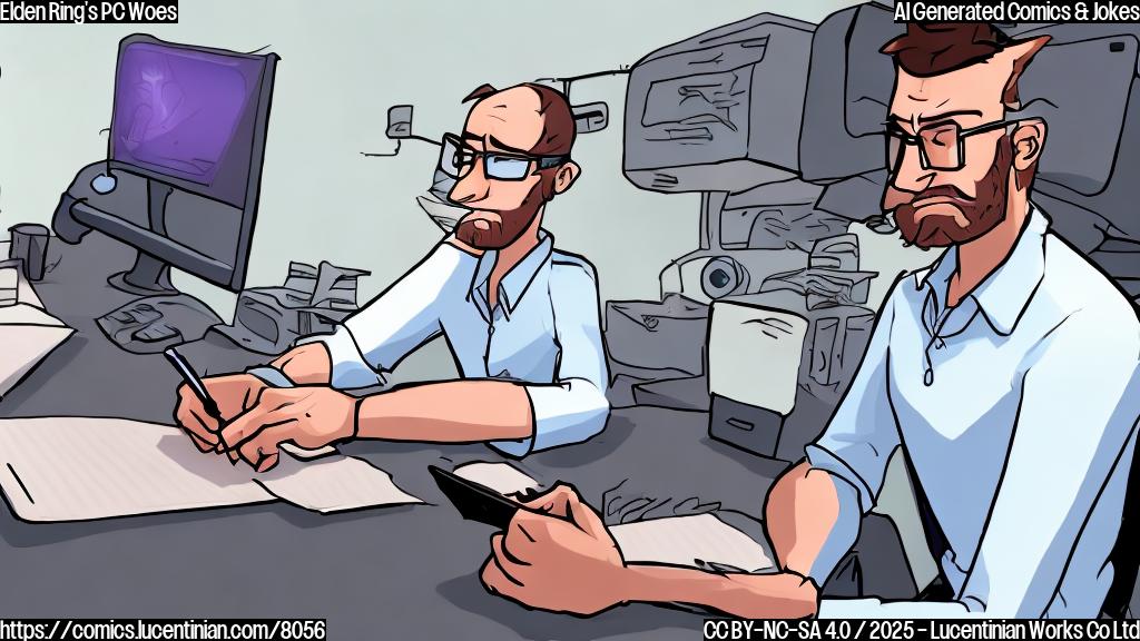 A cartoon-style frustrated gamer with a very high-end, glowing graphics card in their computer. The gamer is sweating and has a concerned look on their face. Next to them sits a plain color therapist wearing glasses and taking notes on a notepad.