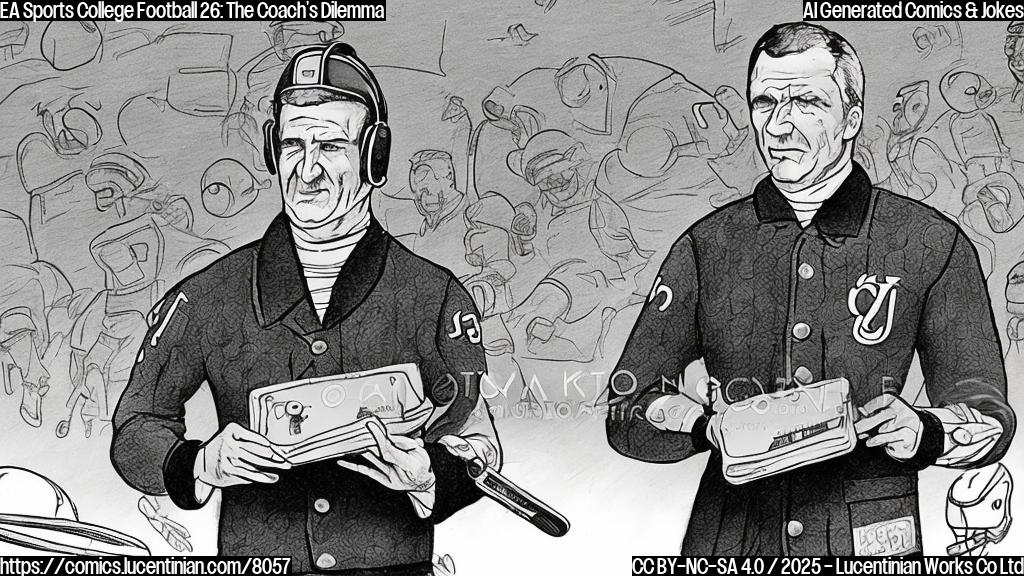 A cartoon drawing of a football coach with a confused expression, holding a very old playbook while looking at a futuristic video game screen. The coach is wearing a classic leather helmet and a tweed jacket. The game screen shows a football player in a modern uniform. The color palette is bright and contrasting.