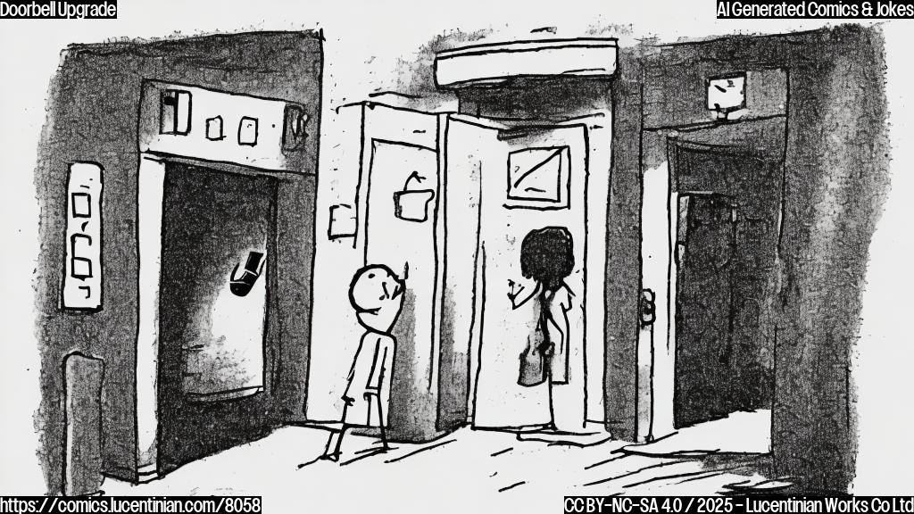 A simple, plain color cartoon of a video doorbell on a door, with a person standing in front of the door, showing the "head-to-toe" view on a smartphone screen. The doorbell is boxy and white, the person is gender-neutral and wearing plain clothes. The background is a solid light blue.