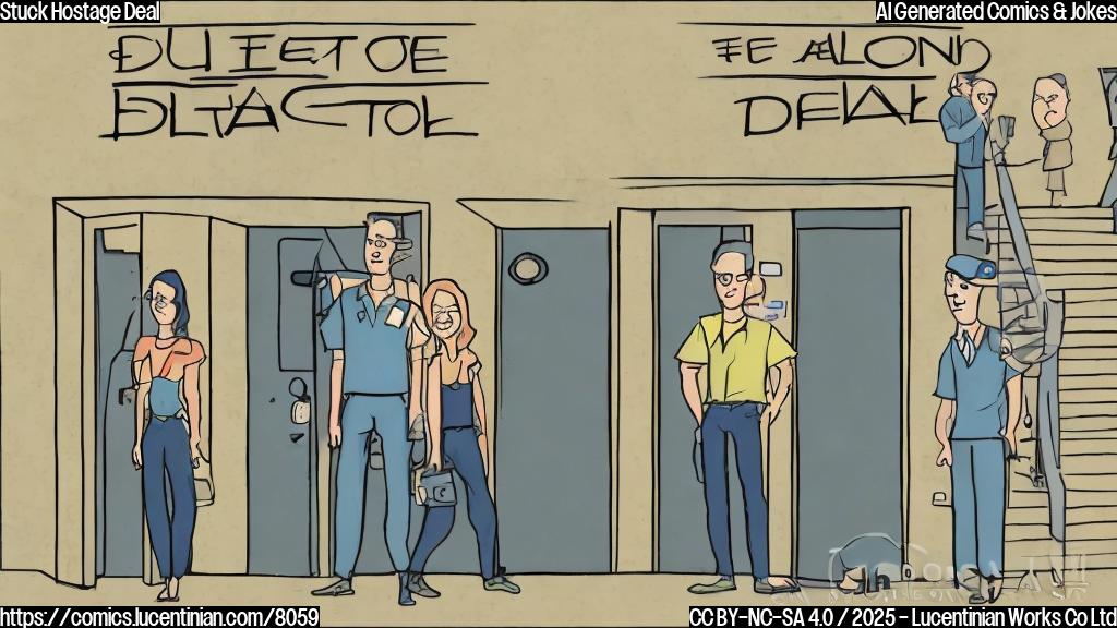 A cartoon drawing of an elevator stuck between two floors, with worried-looking people inside. The elevator has a sign that says "Hostage Deal". The overall color scheme is plain and the style is simple and cartoonish.
