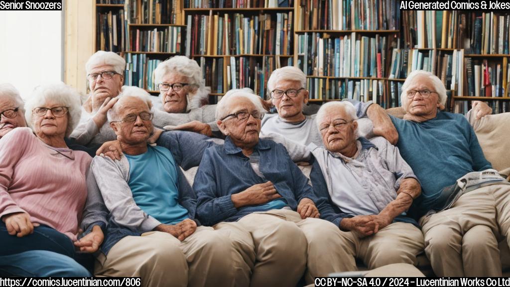 A group of older adults sitting on a couch, looking tired and disinterested. One of them is yawning and covering their face with their hand. The background is a cozy living room with books and pillows scattered around.