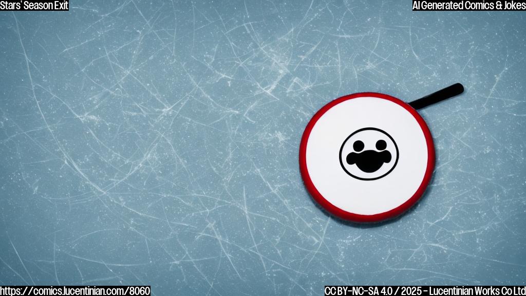 A cartoon style hockey puck crying next to an ice rink which is shrugging. The background is a plain light blue.