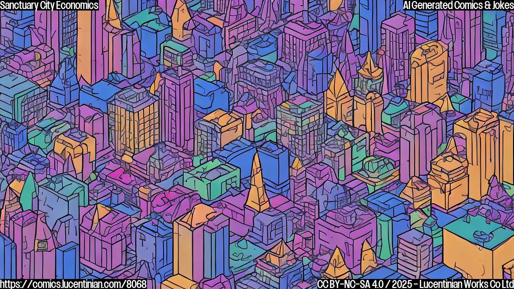 Plain color cartoon style image of a city skyline with buildings shaped like trampolines. People are bouncing enthusiastically on the trampolines, some holding dollar bills.