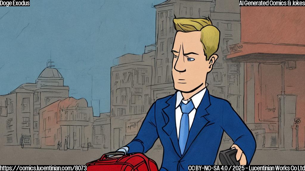 A sad-looking man with short blonde hair wearing a dark blue suit and red tie walking away from a white building with columns, carrying a brown suitcase. Cartoon style, plain color background.