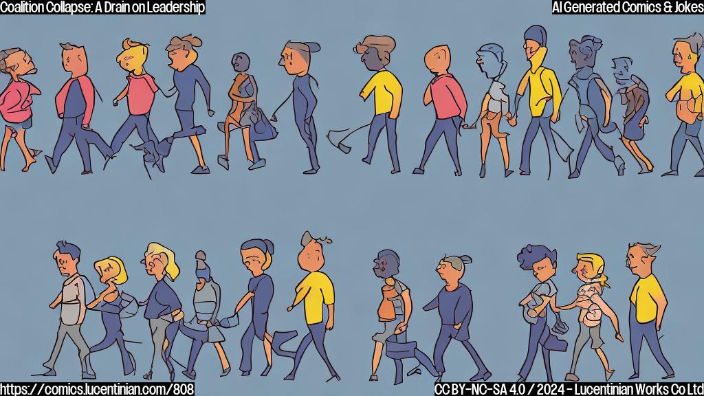 Draw a cartoon of a group of people standing together, representing a coalition, with one person walking away from them, symbolizing their departure. The background should be a faint, gradient blue to represent the "drain" mentioned in the joke.