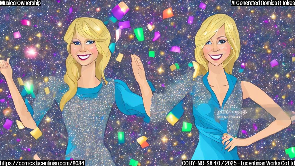a joyful cartoon musician with long blond hair, wearing a sparkly dress, holding up a set of master recording tapes, plain color background