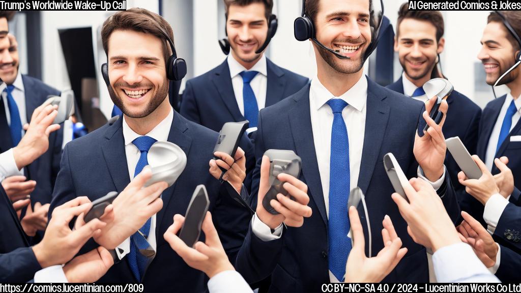 a smiling man with a headset on, talking to a group of stern-looking people in suits standing around him, with multiple phones ringing in the background