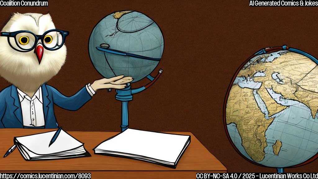 Cartoon of an old-fashioned globe with a worried expression, lying on a therapist's couch. The therapist is a wise-looking owl with glasses, holding a notepad and pen. Background is a brightly colored, simple office setting.