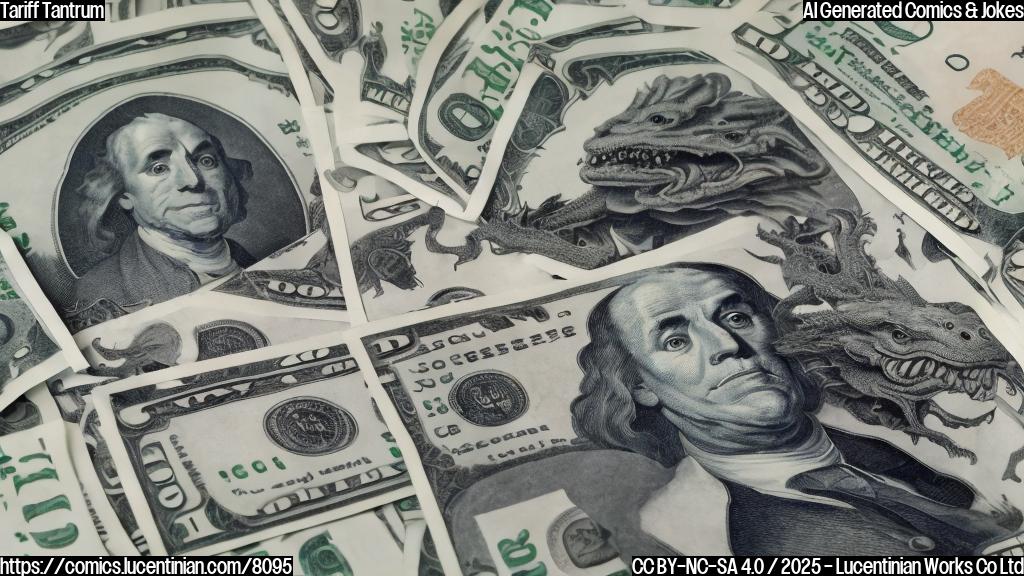 A plain color cartoon of a confused-looking banker in a suit standing across a table from a confident-looking dragon. Dollar signs are scattered on the table in front of the banker, and yuan symbols are stacked high in front of the dragon. The background is a simple, single color.