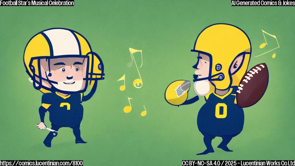 A cartoon-style image showing a football player in uniform, holding a microphone instead of a football. He is on a simple green field, with musical notes floating around him. The background is a plain yellow color. The style is clean and minimalist, resembling a children's book illustration.