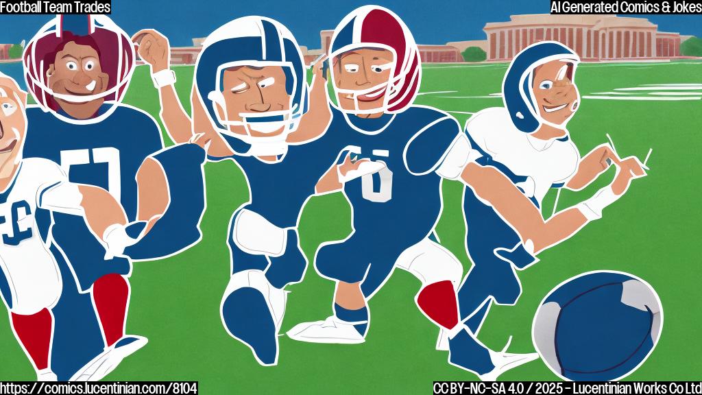 A simple cartoon image. A green football field with two generic, faceless football players in red and blue uniforms respectively, one is handing a draft pick (represented by a small scroll) to the other. Both are smiling. The background is a plain light blue.