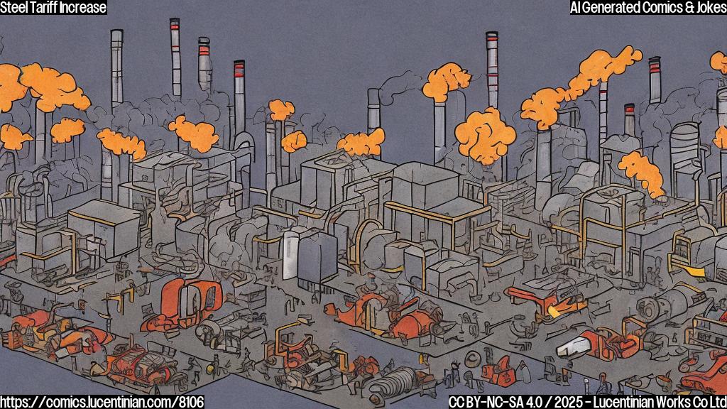 A cartoon of a factory with smoke stacks cheering while stacks of steel ingots jump on a trampoline, plain color background.