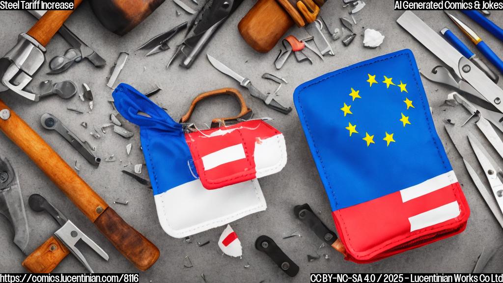 Cartoon style, plain color background, a first aid kit with the EU flag on it, next to a steel hammer.