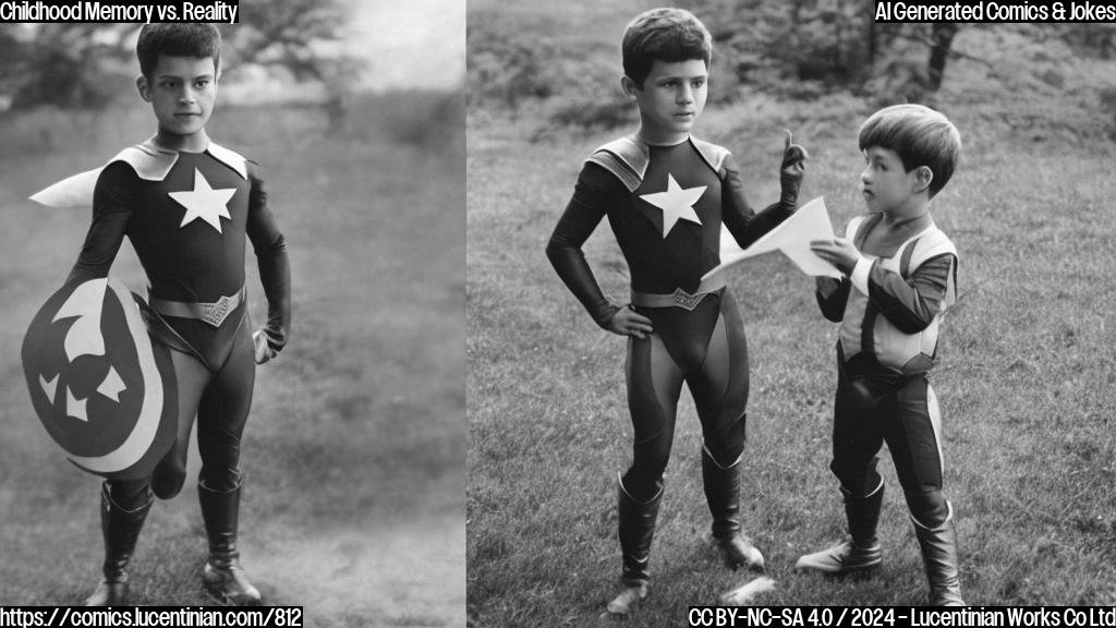 A young boy looks at an old photo of himself in a superhero costume and an older version of himself in a more serious expression with a hint of nostalgia in the background