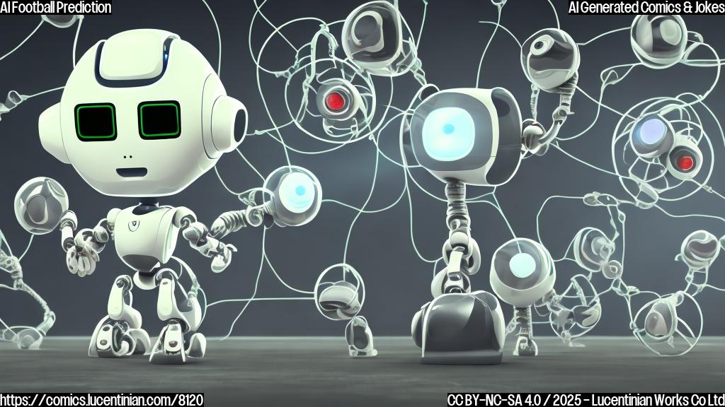 cartoon image, plain color background, an AI robot with a worried expression, sitting in front of a computer screen showing a football field with two teams represented by simple shapes. The robot has sweat droplets on its forehead.