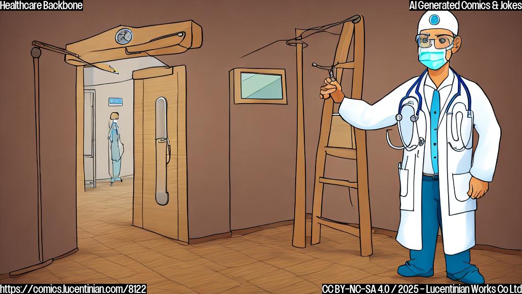 A cartoon style image of a doctor in scrubs carrying a large wooden ladder towards a brightly lit operating room. The operating room doors are slightly ajar, revealing medical equipment inside. The style is simple, with plain colors and thick outlines.