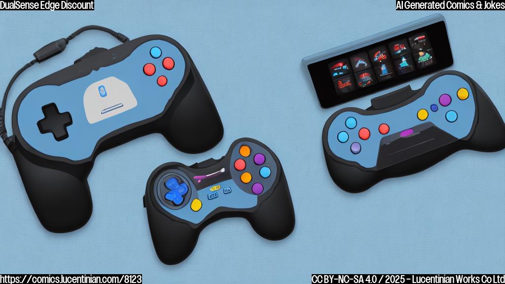 A cartoon drawing of a sad-looking gamepad with advanced features like customizable buttons and triggers, set against a plain light blue background.