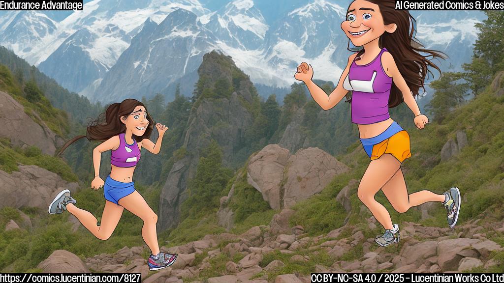 cartoon of a smiling woman with long brown hair and a determined expression, wearing athletic gear and running on a long, winding trail through mountains. In the background, a slightly bewildered-looking yak is trotting along, also wearing athletic shoes.