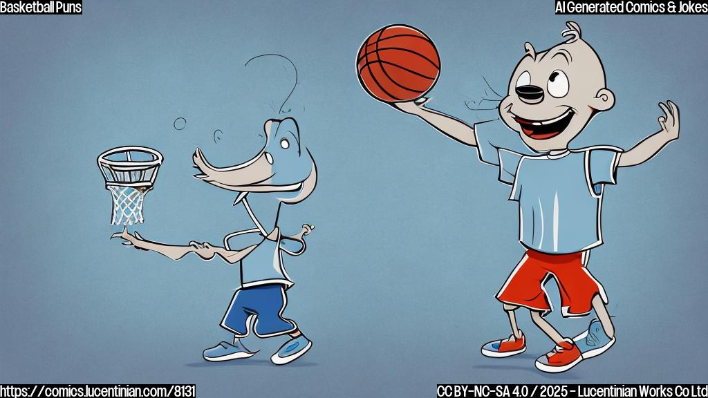 Cartoon style, plain light-blue background, an anthropomorphic basketball with a happy face holding a tiny ladder and wearing sneakers.