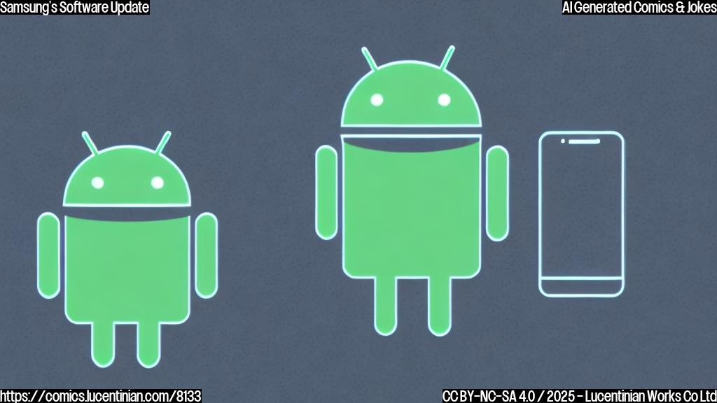a simple cartoon of an android phone looking nervously at a progress bar that says "Updating to One UI 8". The phone has wide eyes and a worried expression. The background is a plain light blue.