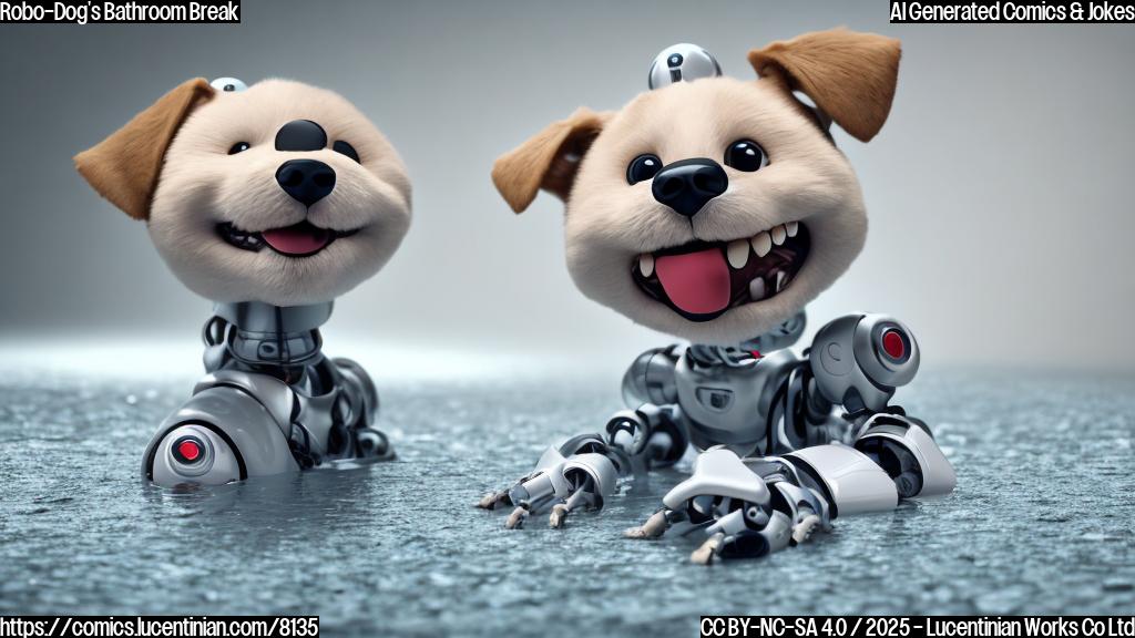 Cartoon style, plain background, a robotic dog with a surprised expression, leaking water instead of electricity, close to a puddle forming on the floor.