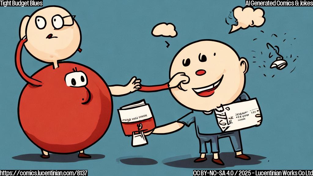 A cartoon drawing showing a sad, round character representing an American consumer. The character is being squeezed tightly by two large hands labeled "Inflation" and "Interest Rates." The background is a plain, light blue. The style is simple and colorful, like a children's book illustration.