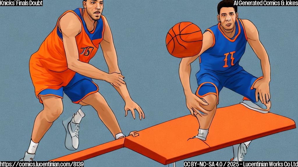 A cartoon-style basketball player wearing a blue and orange jersey standing near a hurdle on a basketball court. The player has a determined look on his face, but is not attempting to jump. The background is plain light blue.