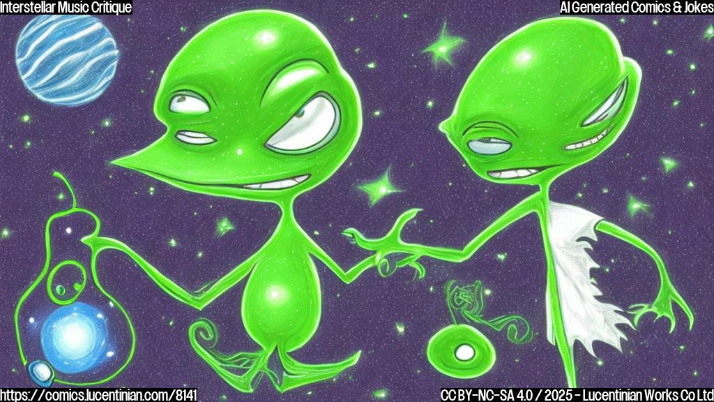 A cartoon-style drawing of a green alien with large eyes holding a small musical note with a sad face. The alien is floating in space with stars visible in the background.