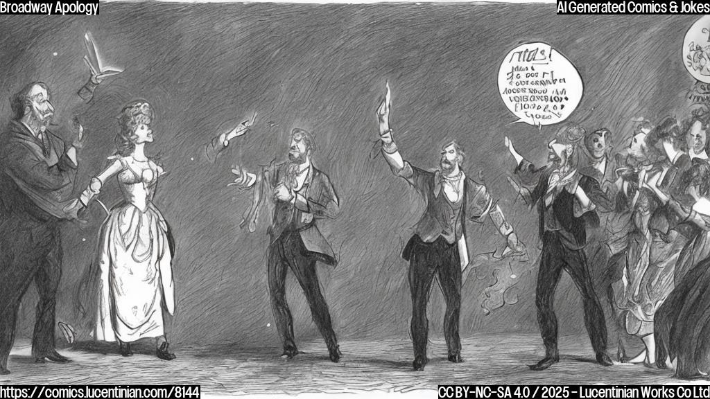 A cartoon drawing of a red-haired woman in a sparkly dress on a stage, holding a script with a big red X through it. She has a surprised expression. In the audience, a man with a beard is shaking his fist.