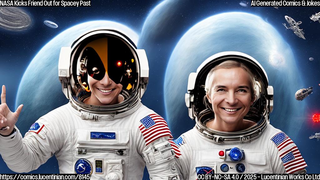 a smiling astronaut with a shocked expression, standing next to a spaceship with a red "X" marked through it, surrounded by futuristic control panels and stars in the background.