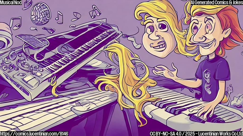 A cartoon image of a musician with long blonde hair playing a keyboard in a recording studio. A football with a heart drawn on it rests on top of the keyboard. The color theme should be pastel.