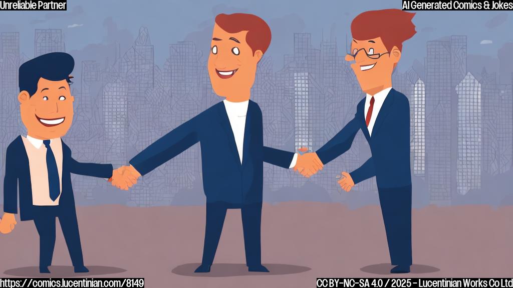 Cartoon style illustration of two businessmen shaking hands, one with a smiling face and the other with a sly, untrustworthy expression. The background is a blurred cityscape.