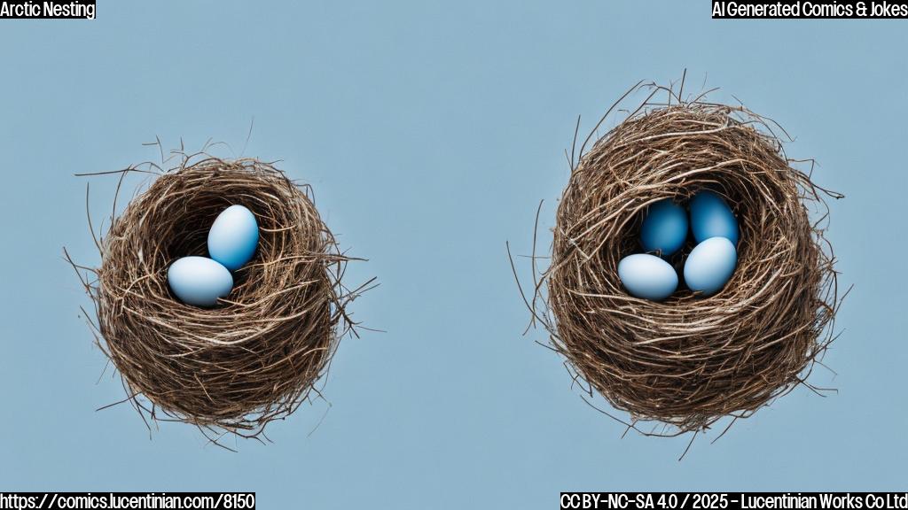 A cartoon-style plain light blue background image featuring a very fluffy light brown bird with a nest full of blue eggs, set against a snowy, hilly landscape.