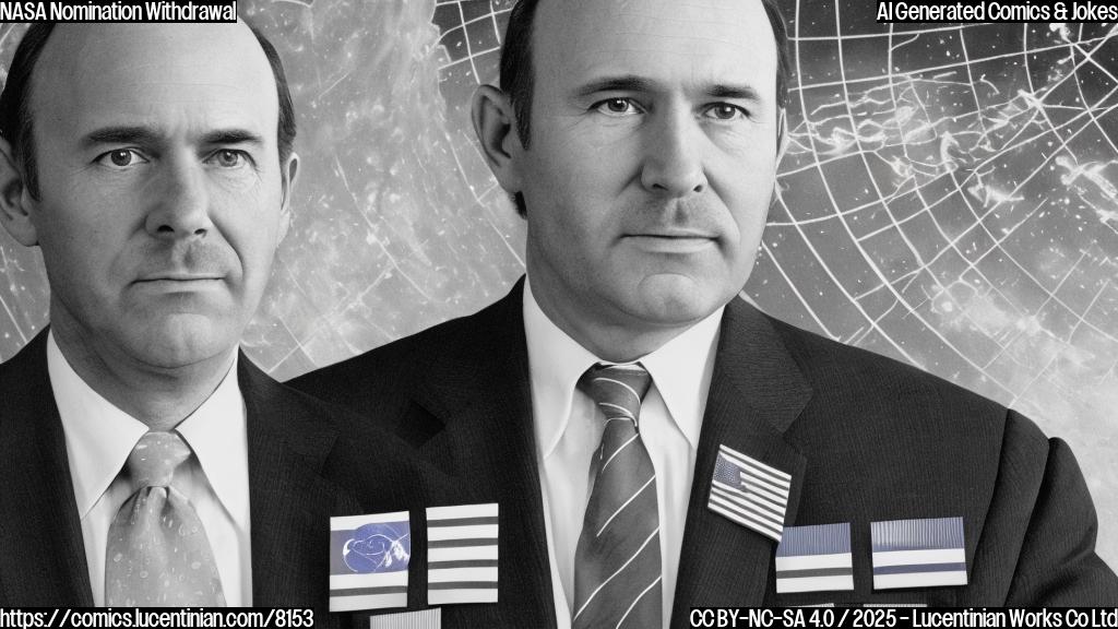A generic-looking, middle-aged, balding man with a stern expression is shown standing in front of the NASA logo. He has his arms crossed and is wearing a suit with an American flag pin on his lapel. In the background, there's a faded image of the Earth from space. The style is cartoonish, using bold lines and simple colors.