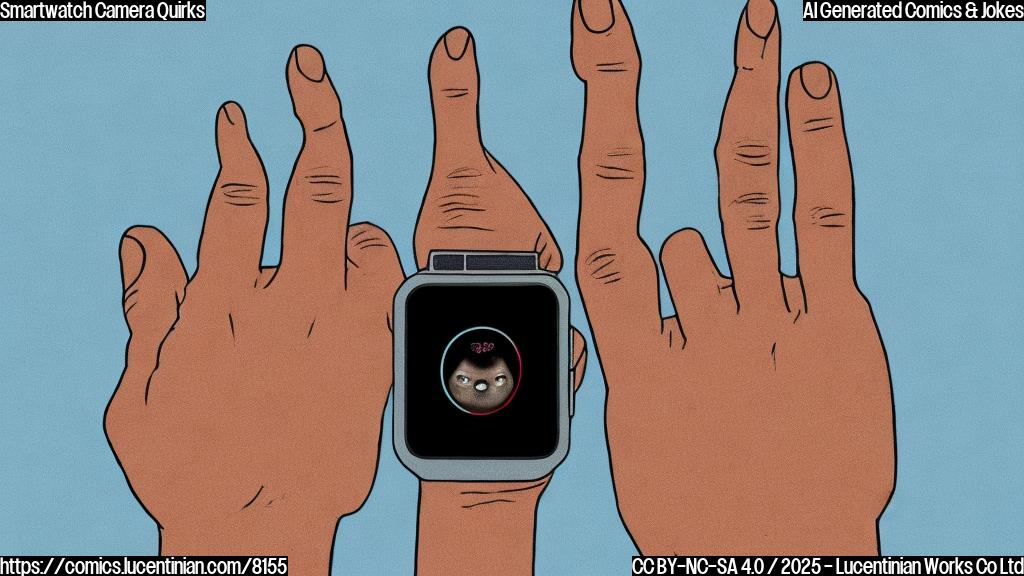 A simple, plain color cartoon of a person holding a smartwatch on their wrist. The smartwatch has a comically large, pixelated image of a potato on the screen. The person looks disappointed and puzzled. The background is a solid, light blue color.