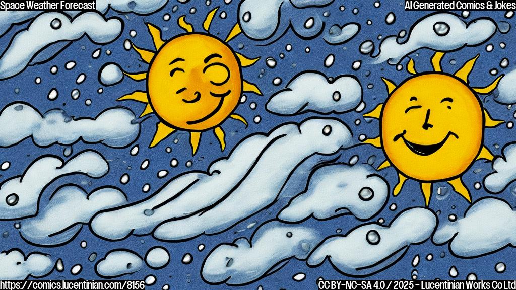 A cartoon drawing of a sad-looking cloud with raindrops falling, turning away from a bright, smiling sun. The background is a dark blue with cartoon stars.