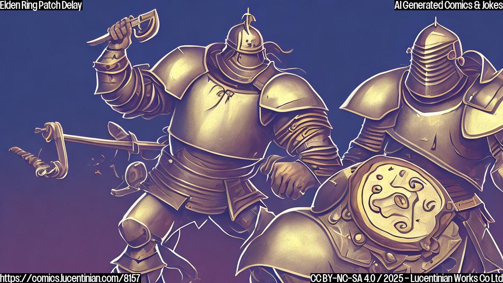 A cartoon-style, solid color background with a frustrated-looking knight in shining armor holding a broken game controller.