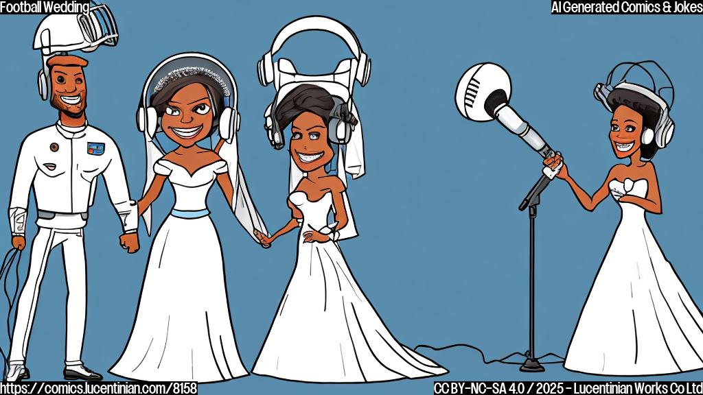 a cartoon drawing of a groom with a football helmet and a wedding dress standing next to a bride wearing a pop star microphone headset and a wedding dress, both smiling with a plain light blue background