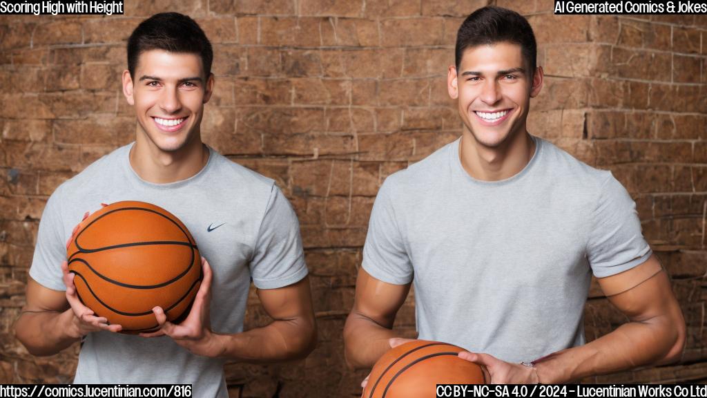 A tall, muscular young man with short brown hair and a big smile is standing in front of a basketball hoop, holding a ladder. He has a confident expression on his face.