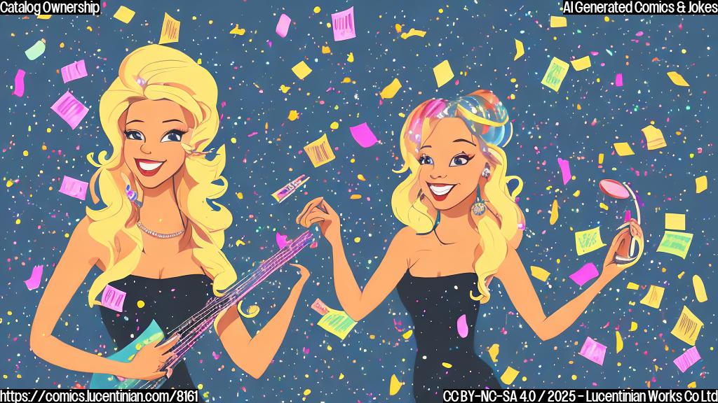 A cartoon image of a smiling musician with long blond hair, wearing a bejeweled little black dress, holding a stack of musical records. The background is a vibrant city skyline at night with celebratory confetti falling. The style is a simple, plain color cartoon.