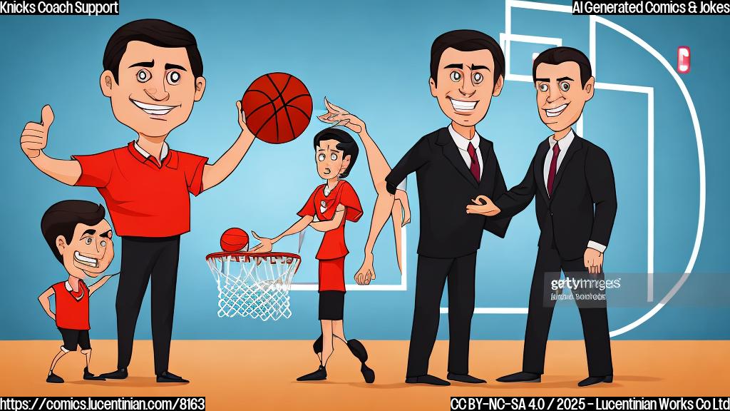 Cartoon of a basketball coach with slicked-back dark hair, standing on a basketball court holding a ladder. Two figures, one a player with a headband and the other an executive in a suit, are smiling and giving him thumbs up. The background is a blurred basketball arena. The style is simple, plain color, and cartoonish.