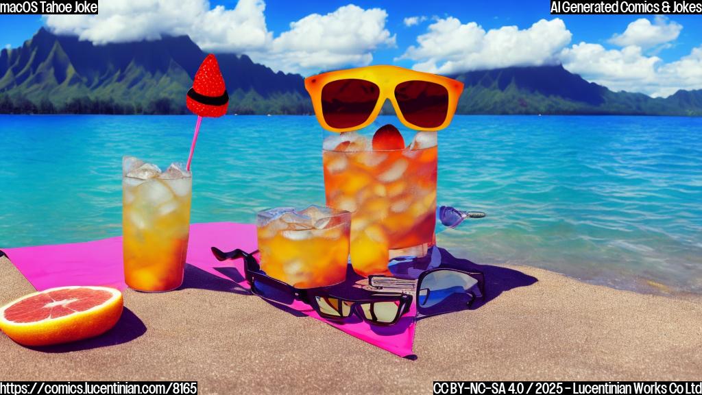 A cartoon-style image of a desktop computer wearing sunglasses and a Hawaiian shirt, relaxing on a beach with a lake and mountains in the background. The computer is holding a fruity drink with a tiny umbrella. The sky is bright blue with fluffy white clouds. The overall style is simple and cheerful.