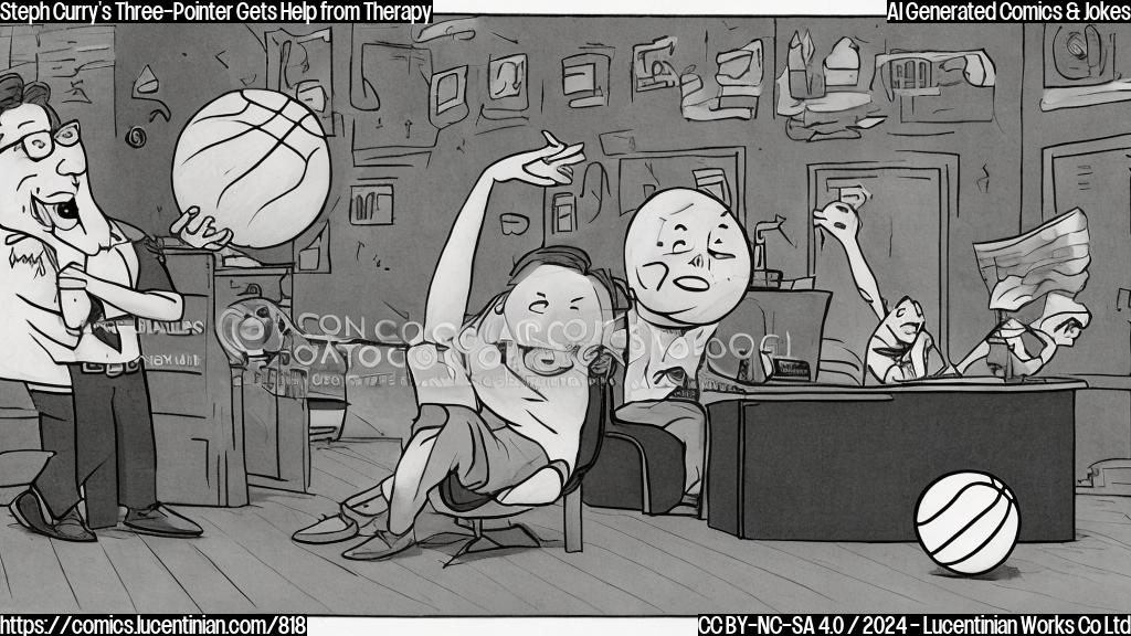 A cartoon-style image of a basketball with a thought bubble, with a therapist (a bespectacled character sitting behind a desk) and a three-pointer (lying on a couch) in the background. The basketball should be shown with a worried expression and the three-pointer should have tears in its fabric.