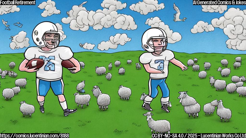 A cartoon drawing of a sad football player wearing a helmet, looking at a flock of sheep on a green field under a bright blue sky. The style is plain, with solid colors and thick outlines.