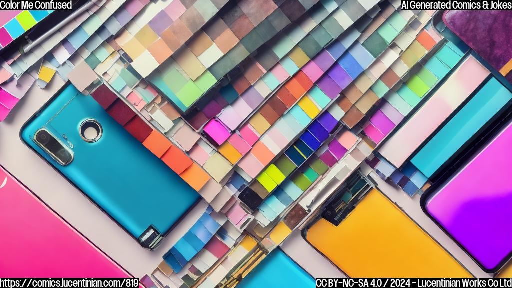 A colorful smartphone with multiple hues and shades, looking slightly anxious on a therapist's couch, surrounded by various color swatches and palette samples.