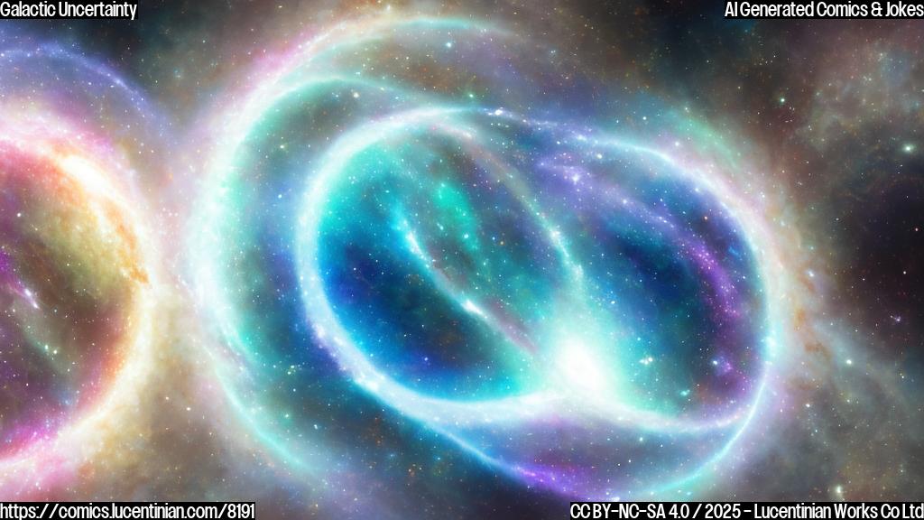 Cartoon style image of two spiral galaxies, one colored light blue and the other light purple, facing each other with a giant coin flipping between them in space. The galaxies have worried expressions. Plain background with stars.