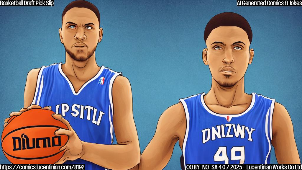 A sad-looking cartoon basketball player with a disappointed expression, wearing a generic jersey, stands next to a large downward-pointing arrow. The background is a plain blue color.