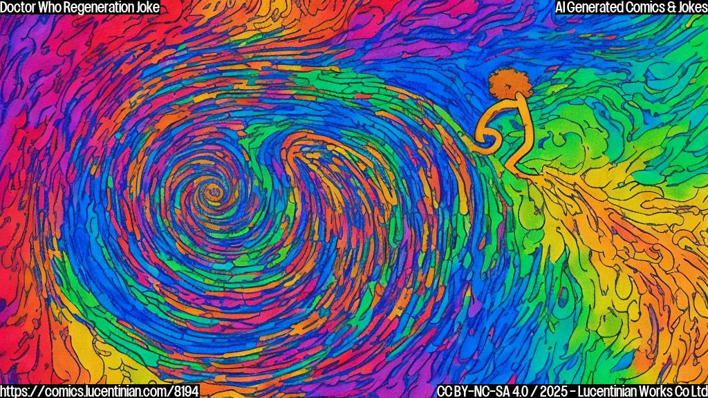 A simple, plain color cartoon of a person with curly hair holding a ladder, looking up at a swirling vortex of colors representing time and space. The person is wearing a t-shirt with a question mark on it. The background is a single, solid color.