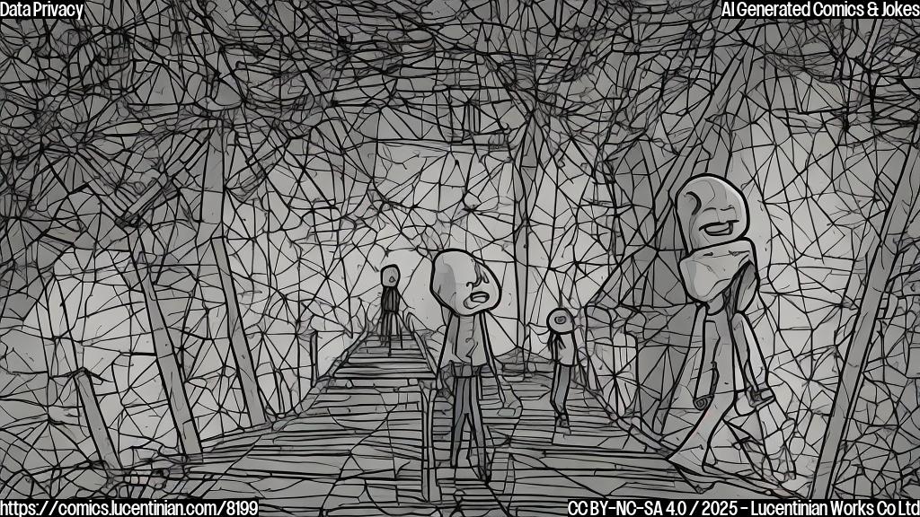 Draw a plain color cartoon style picture of a person cautiously walking across a rickety wooden bridge labeled "Anonymized Data". On the other side of the bridge, two shadowy figures with the Meta and Yandex logos subtly embedded in their clothing are waiting with large banners that have personalized ads on them. The sky is a dull gray.